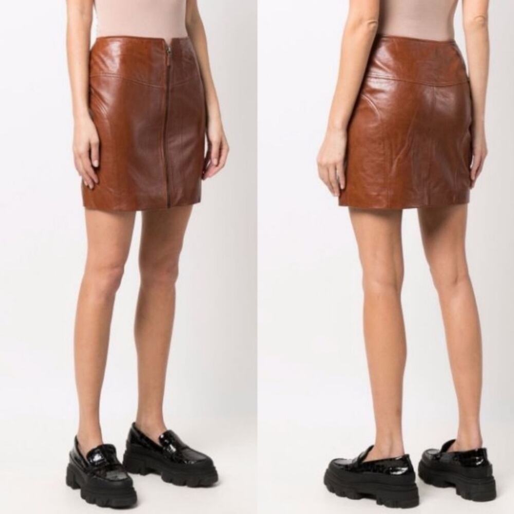 Ba&sh Melba Cognac Brown Lamb Leather Zip Front Mini Skirt M NWT $475